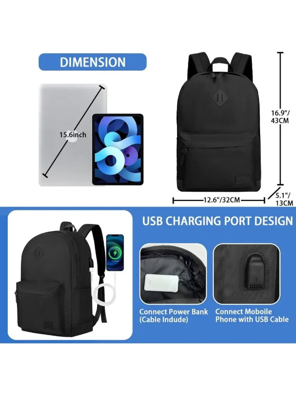 Water Resistant Travel Laptop Backpack, USB Charging, Large Capacity, All Black